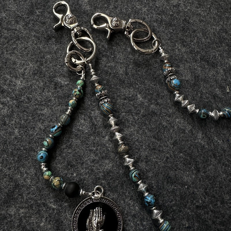 Beaded Keychain Turquoise Stone Silver Coin Charm