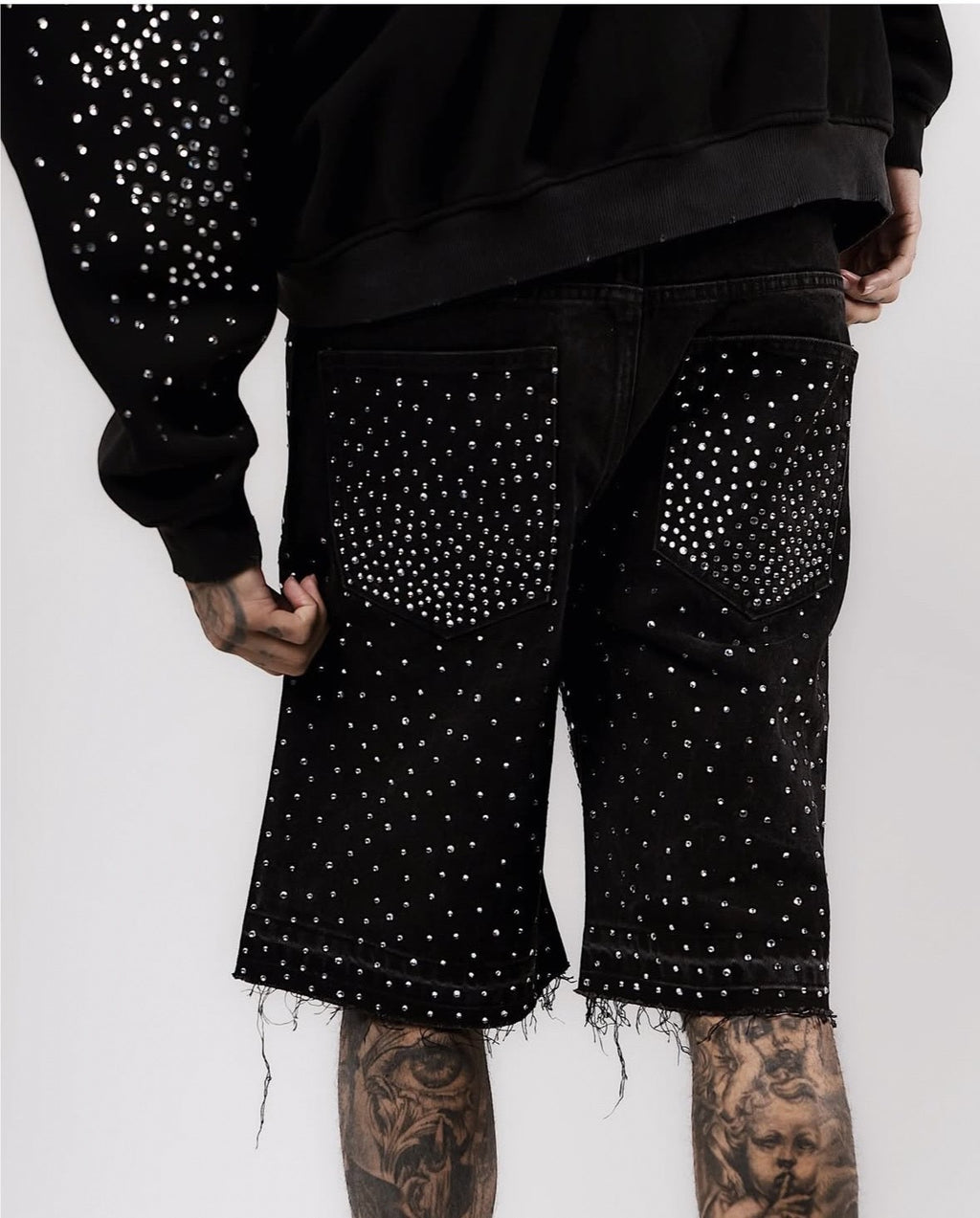 Full rhinestone hip-hop cross hot-fix denim shorts
