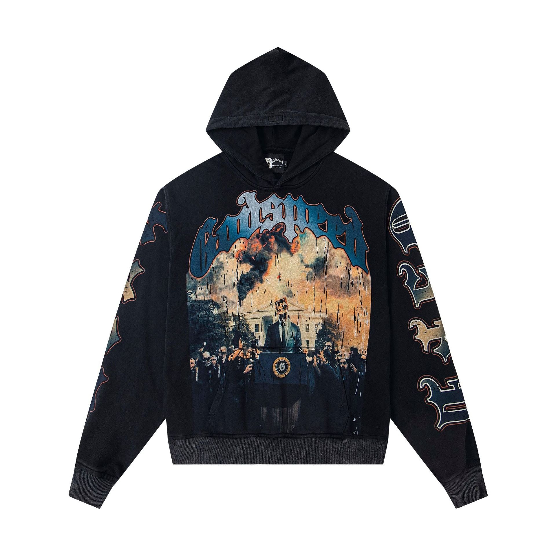 Vintage-Washed Pure Cotton Hip-Hop/Streetwear Hoodie with Print
