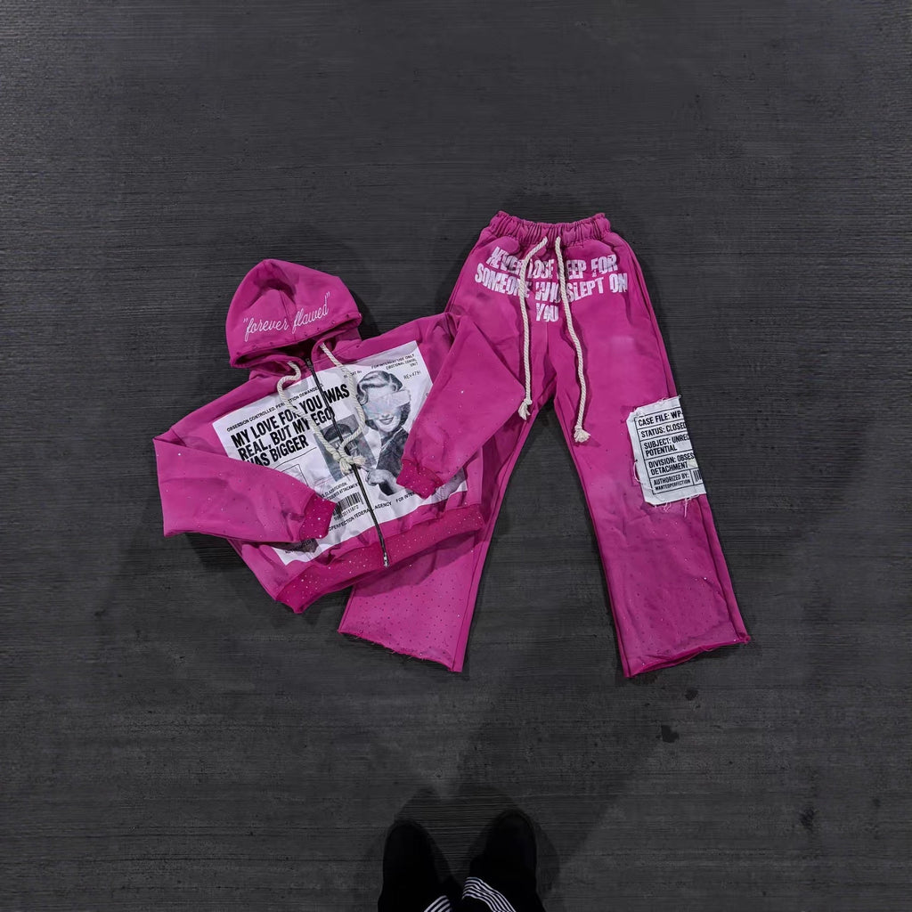 Y2K Newspaper Portrait Print Hoodie Sweatpants