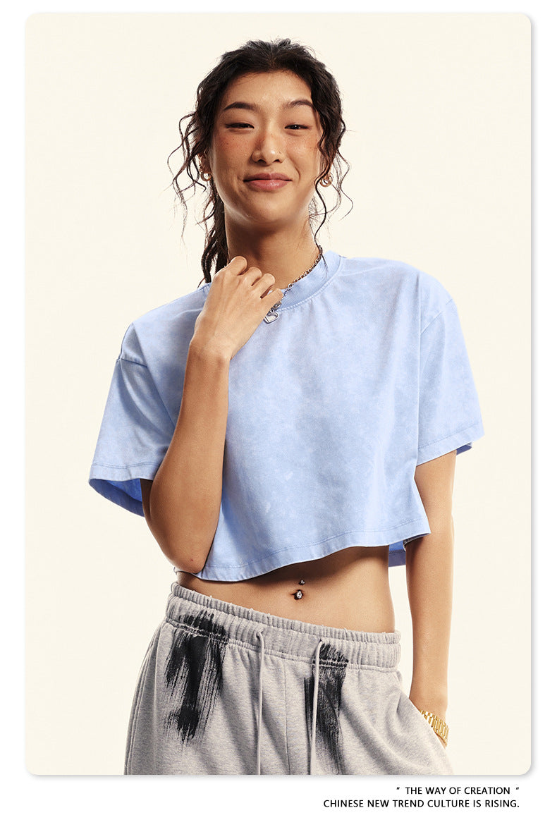 Yaviora Round Neck Crop Top Sexy Loose Short-Sleeve T-Shirt