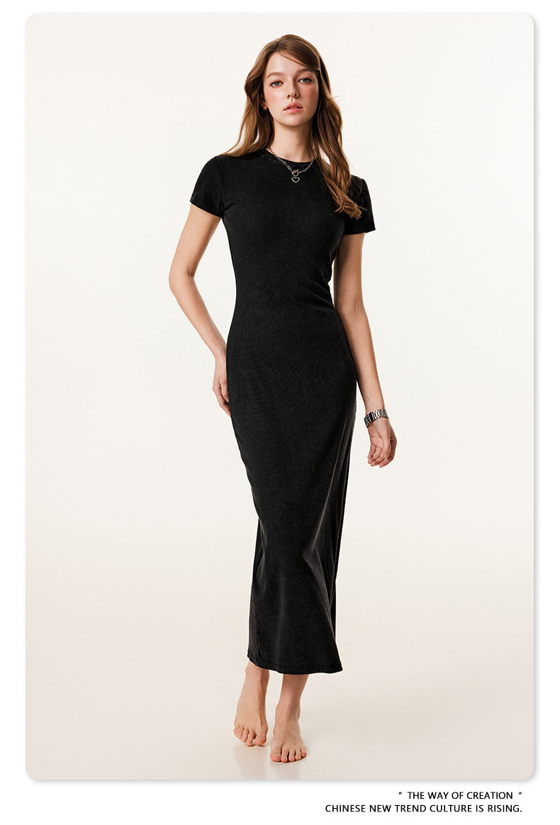 Yaviora Short-Sleeve Long Dress Slim Fit Bodycon Slit Skirt