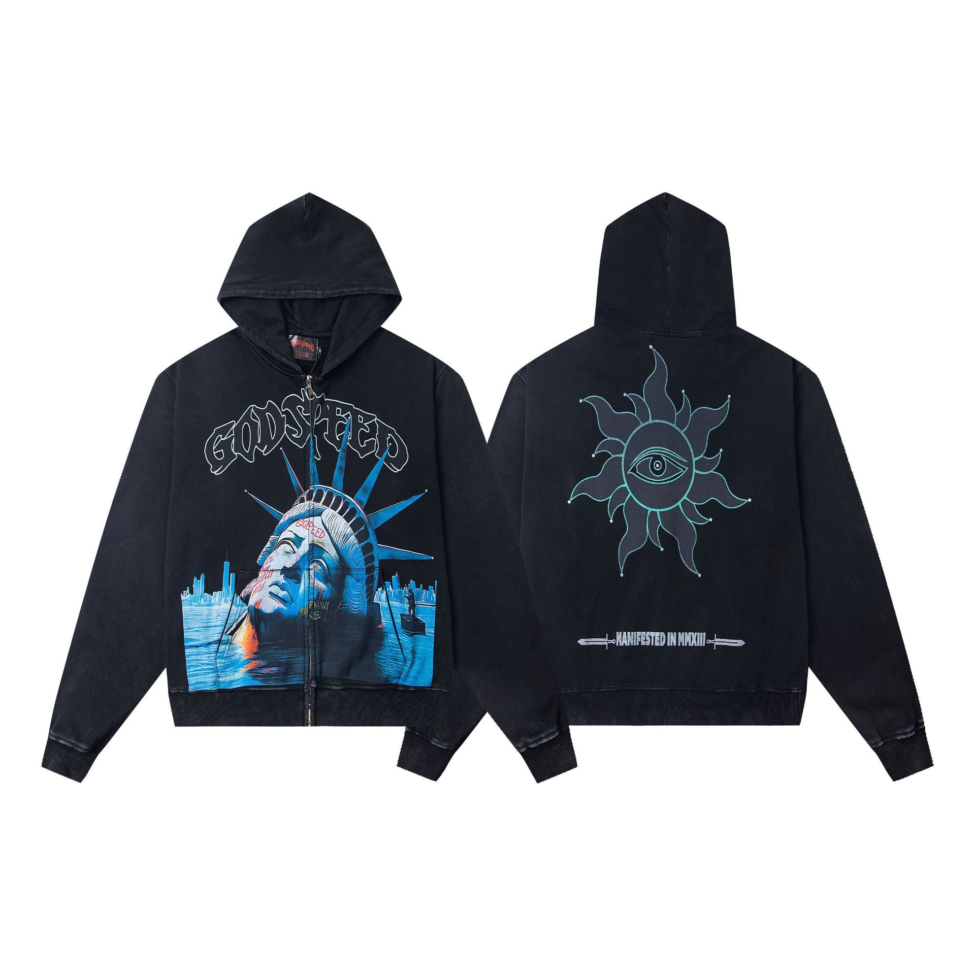 Vintage-Washed Pure Cotton Hip-Hop/Streetwear Hoodie with Print