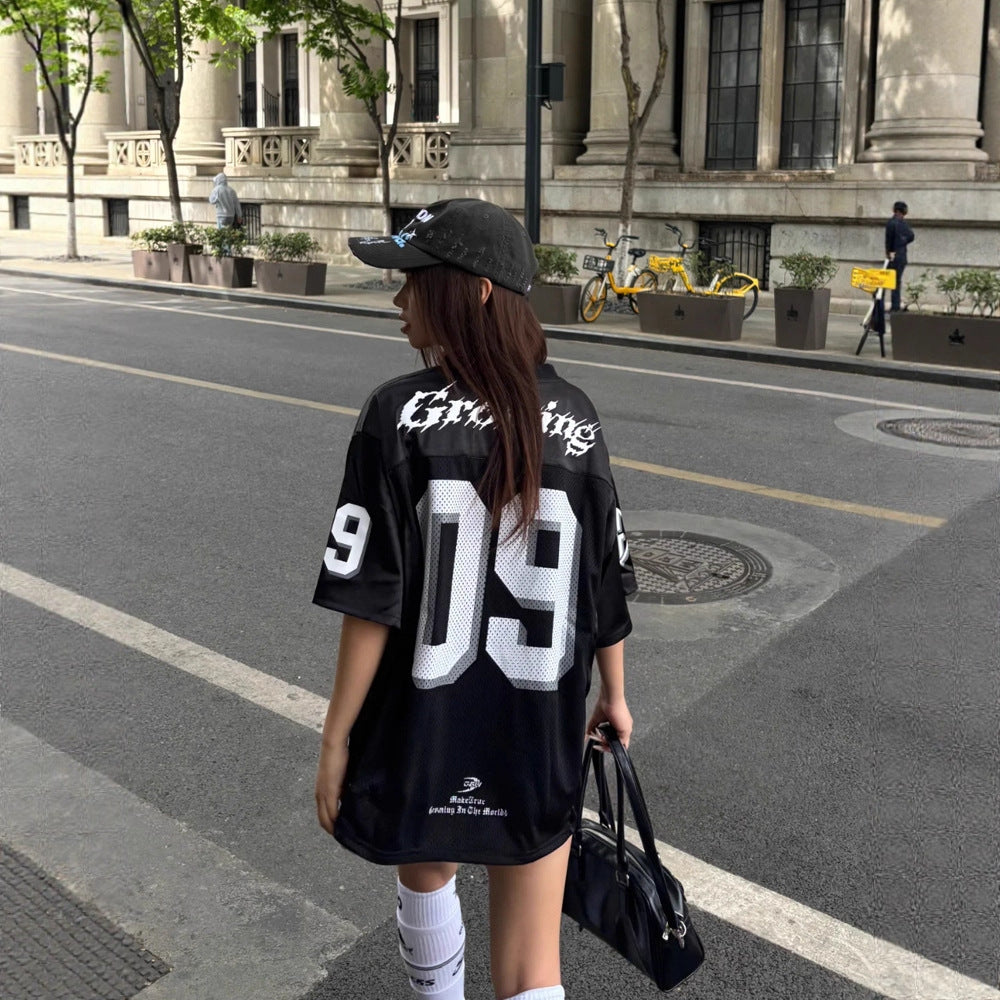 09 Letter print V-neck breathable short-sleeved jersey