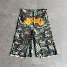 Camouflage Distressed Denim Cargo Shorts