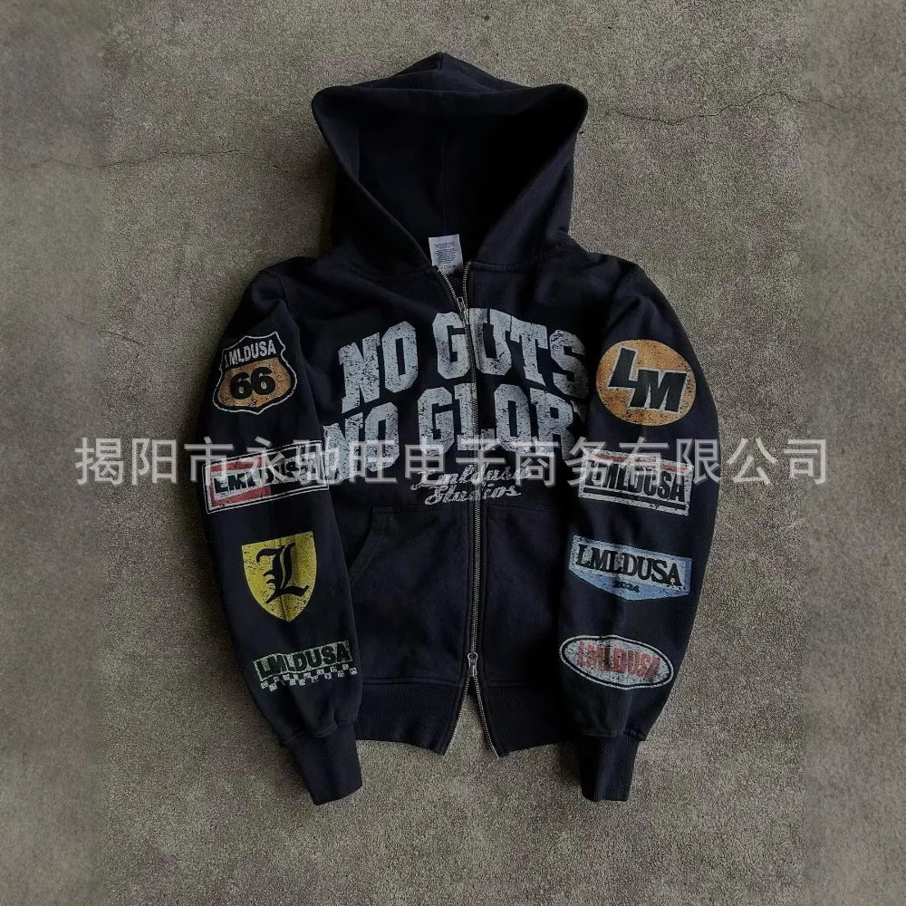 Y2K hip-hop Gothic print motorcycle-style zip-up hoodie.