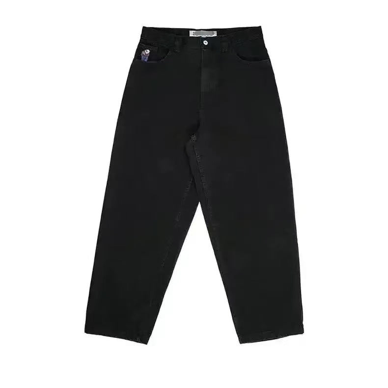 Vintage-Wash Denim Jeans with Y2K Hip-Hop Embroidery