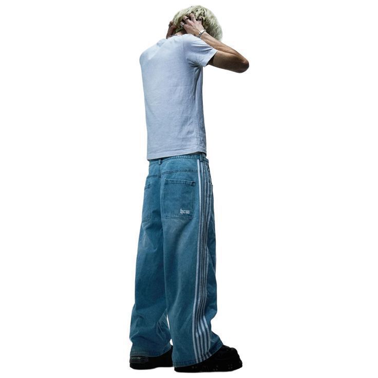 Y2K American retro style street style striped wide-leg loose jeans.