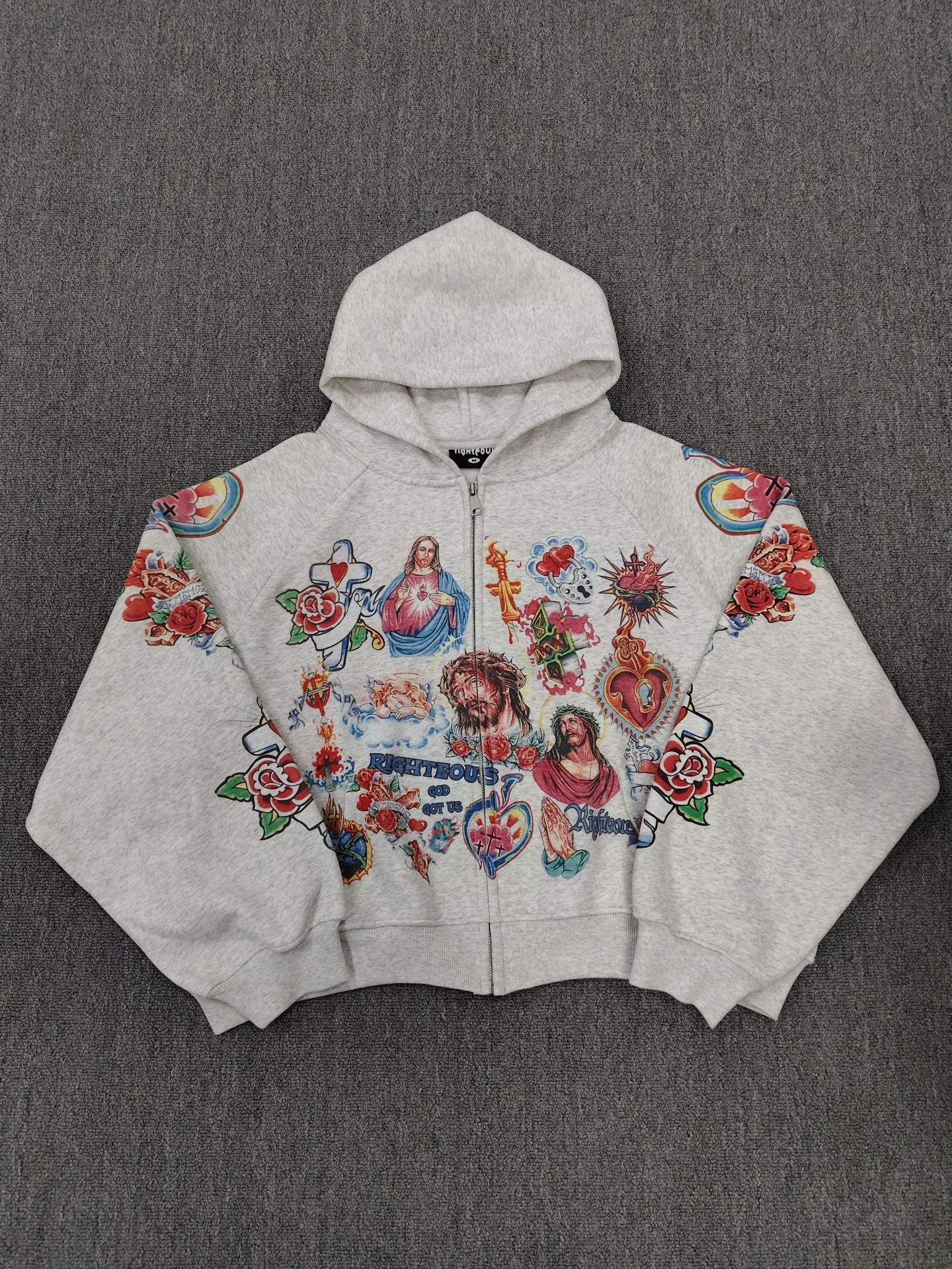 Jesus Sacred Heart Rose Print Cropped Zip‑Up Hoodie Y2K Vintage Streetwear