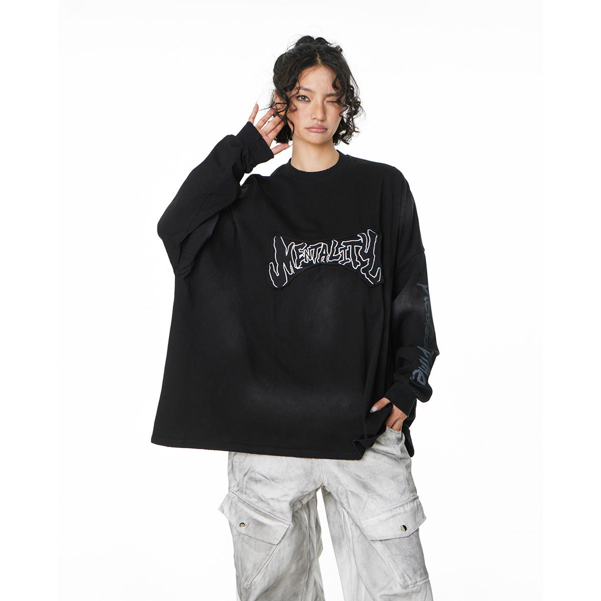 YAVIORA distressed tee with patchwork embroidery