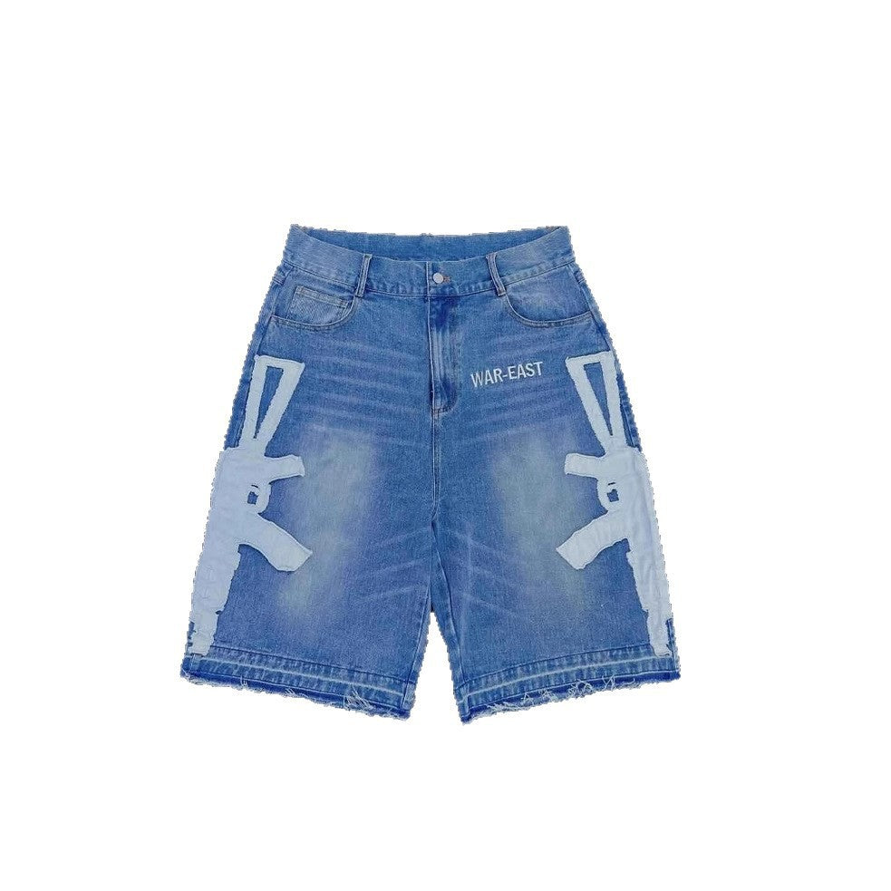 Y2K Embroidered Bone Casual Pants Loose Denim Shorts
