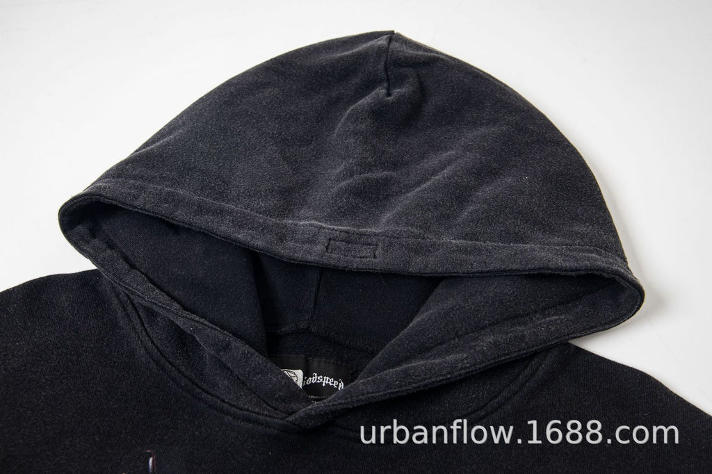 Vintage-Washed Pure Cotton Hip-Hop/Streetwear Hoodie with Print
