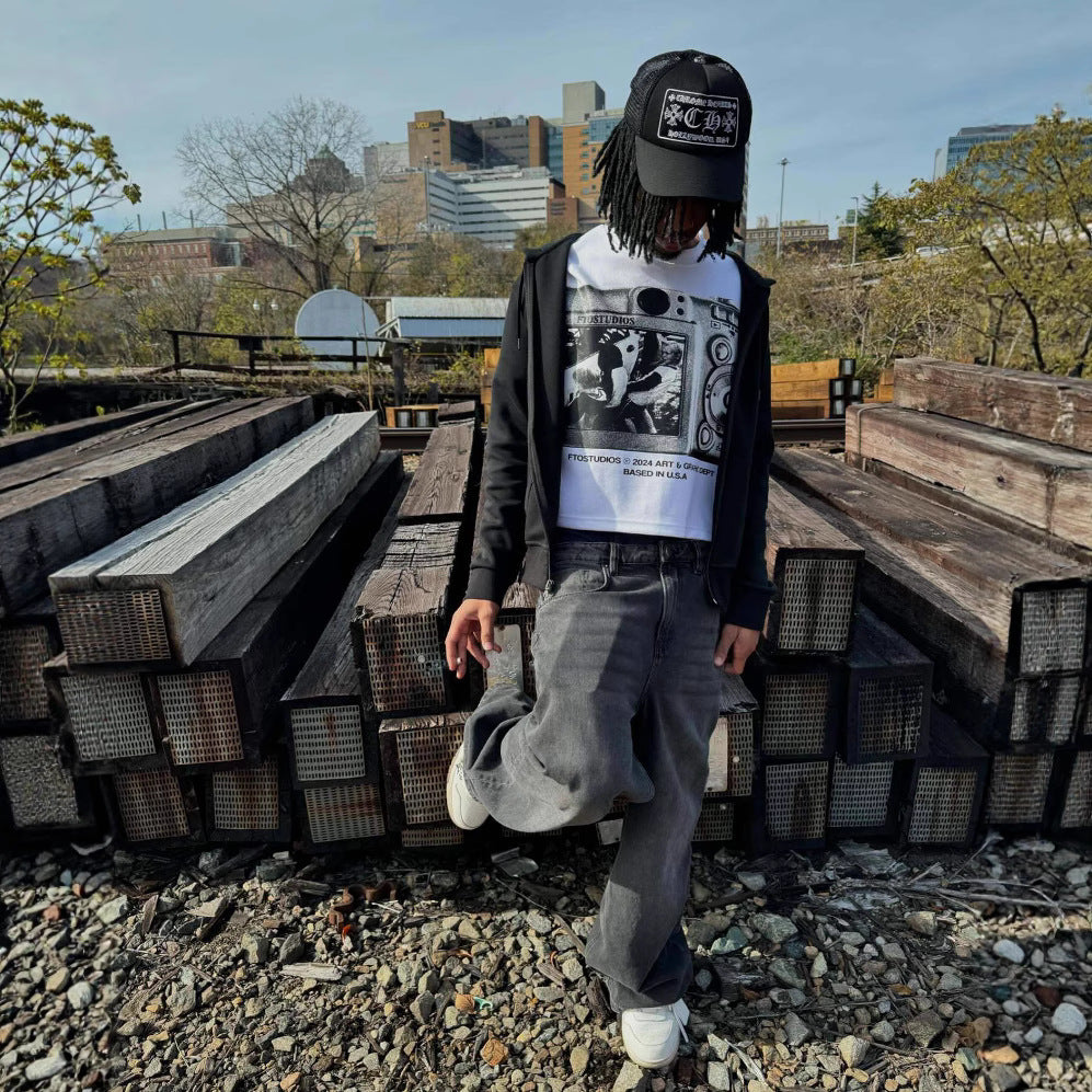 Street-style graffiti and vinyl record print T-shirt