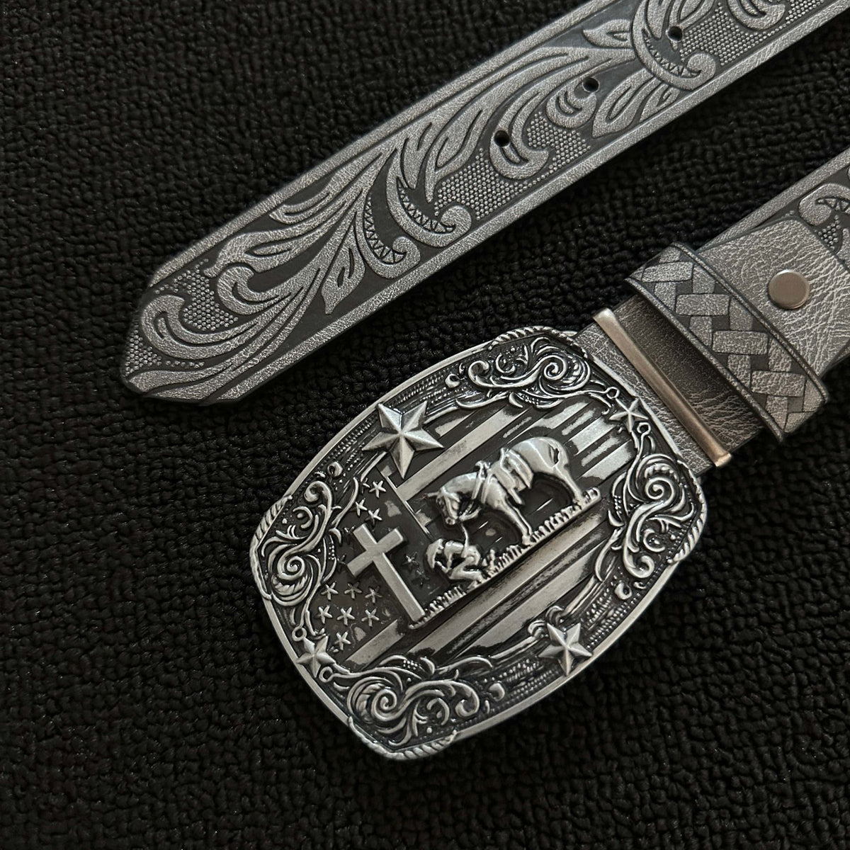 Western Praying Cowboy Cross Buckle Tooled Belt