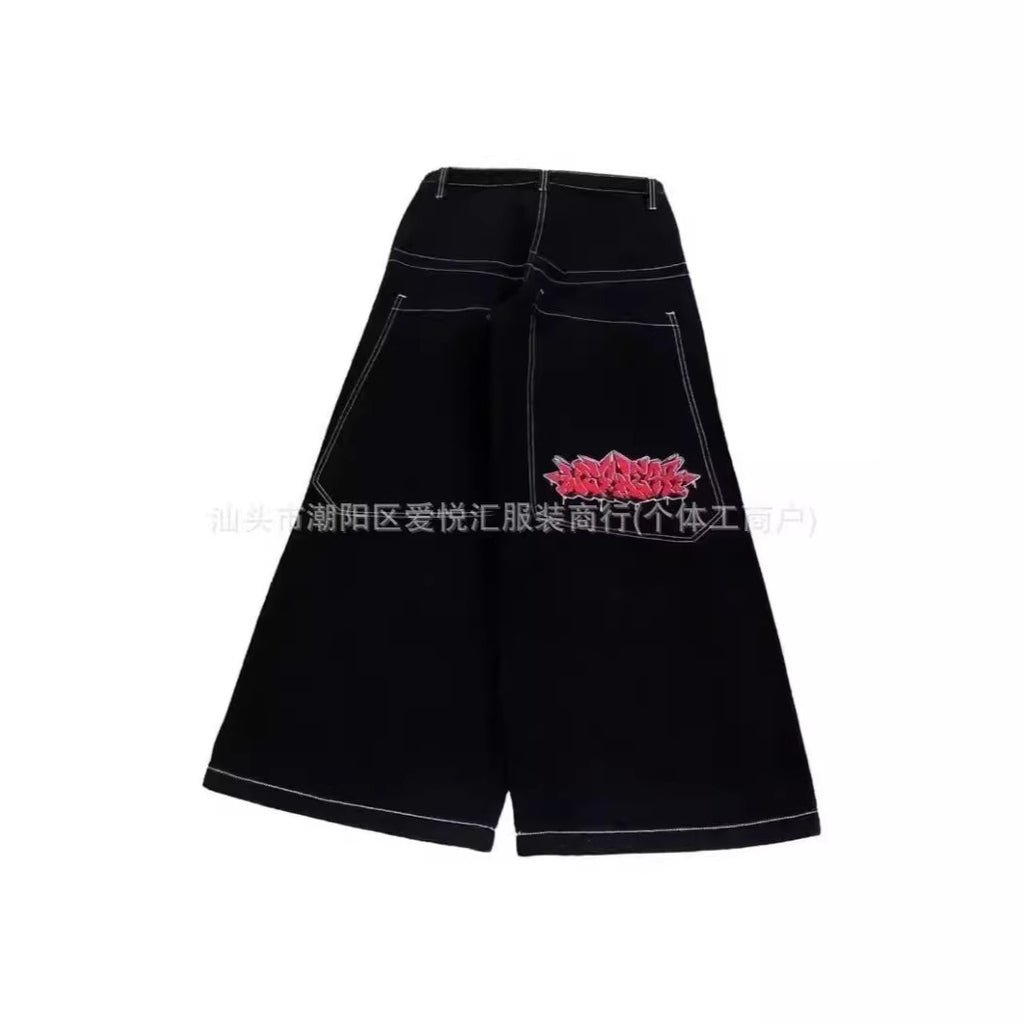 Vintage-Wash Denim Jeans with Y2K Hip-Hop Embroidery