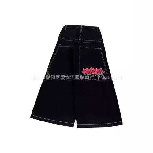 Vintage-Wash Denim Jeans with Y2K Hip-Hop Embroidery