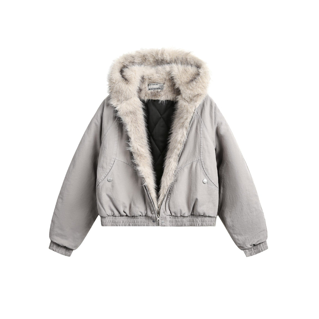 Gray jacket with fur hood on a white background