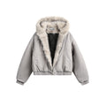 Gray jacket with fur hood on a white background