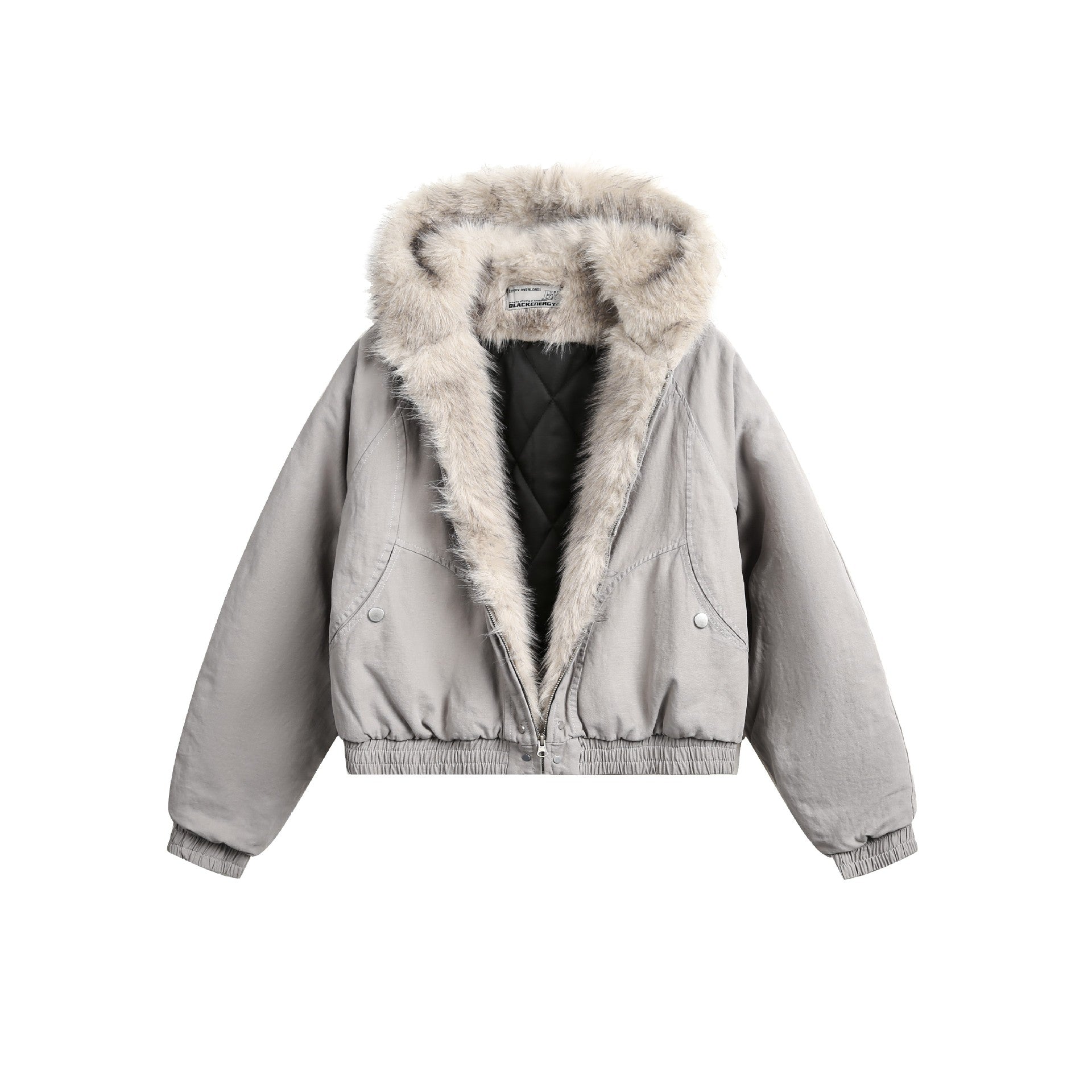 Gray jacket with fur hood on a white background