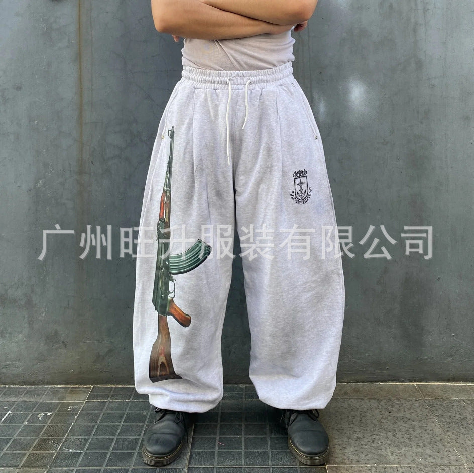 Street-Style Sweatpants with Embroidery and AK-47 Print