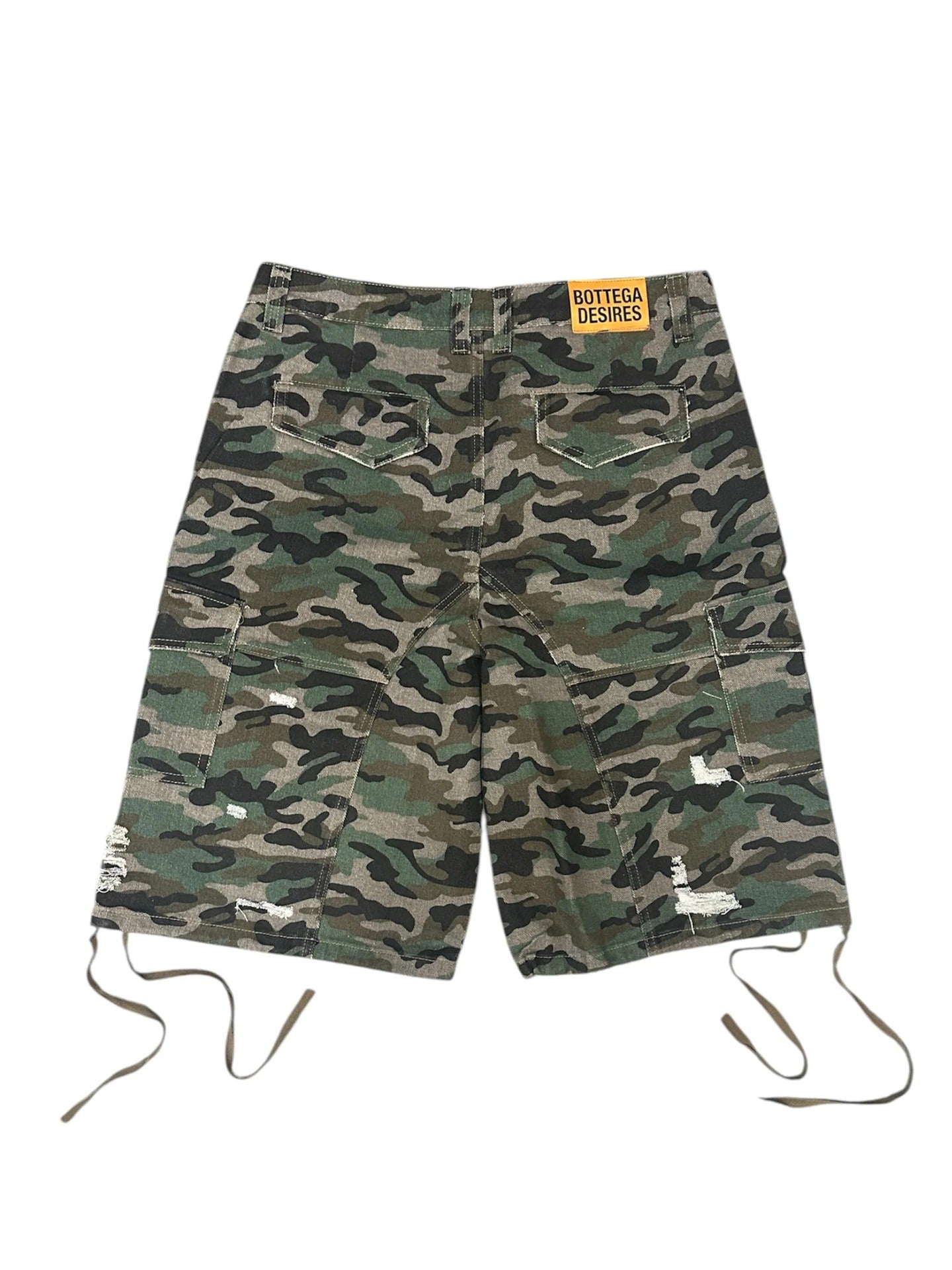Camouflage Distressed Denim Cargo Shorts