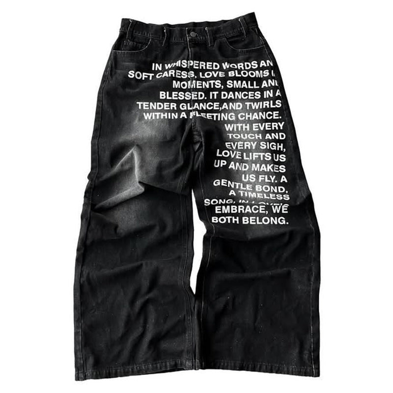 Y2K Men's Hip-Hop Jeans with American-Style Graphic Lettering
