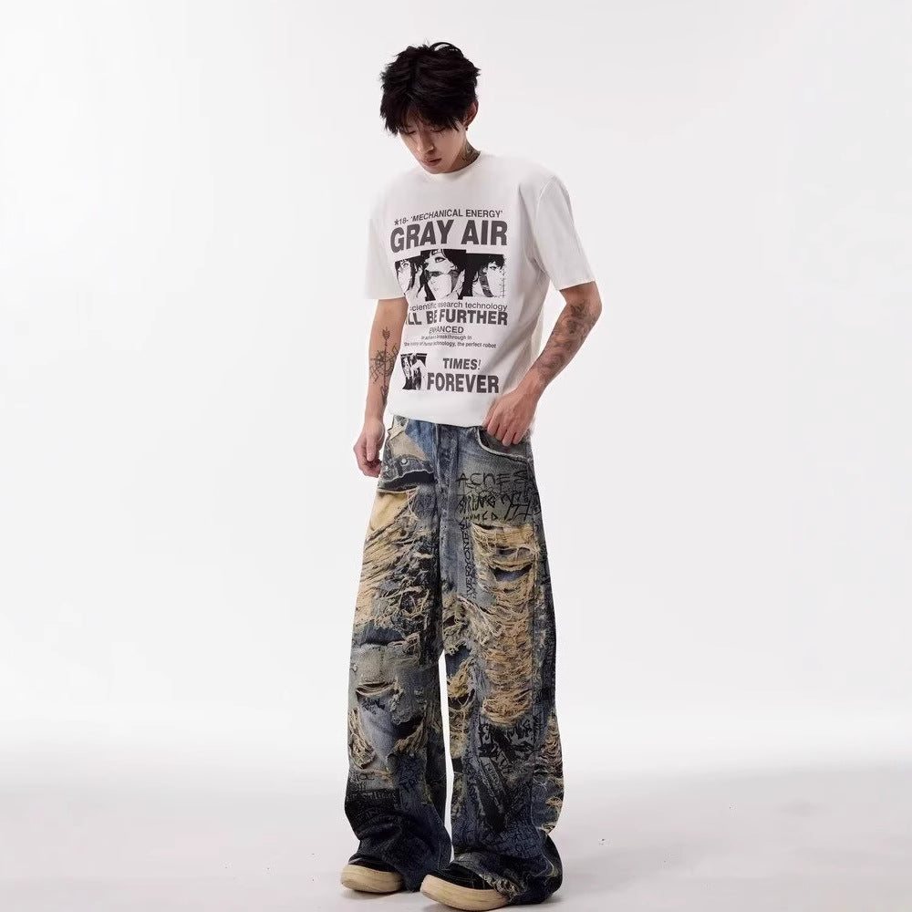 Y2K Graffiti-destructive 3D digital distressed jeans for men
