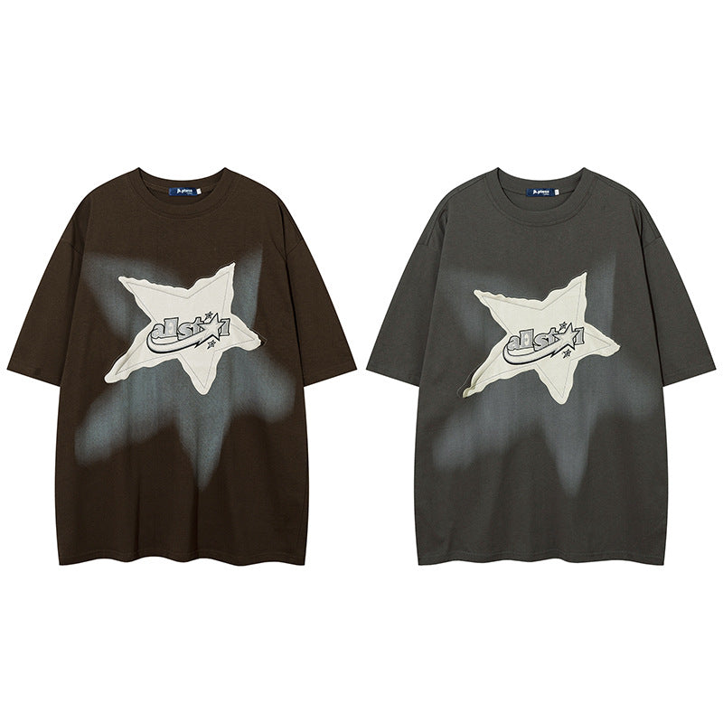 Yaviora American Retro Star Appliqué Short-Sleeve T-Shirt