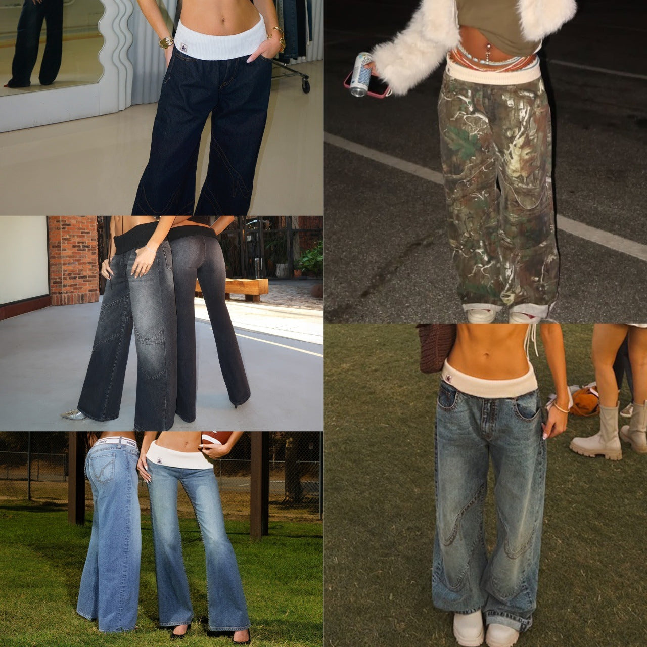 Y2K Patchwork Loose-Fit Low-Rise Jeans with Fold-Over Waistband