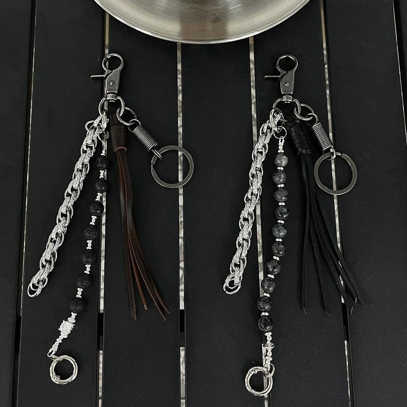 Biker Wallet Chain Lava Bead Leather Tassel Keychain