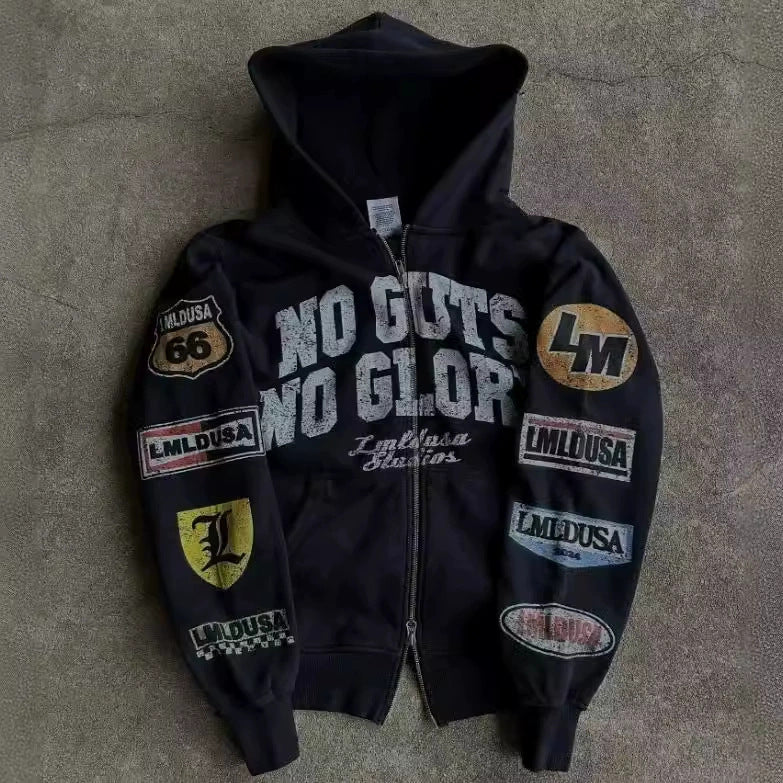 Y2K hip-hop Gothic print motorcycle-style zip-up hoodie.