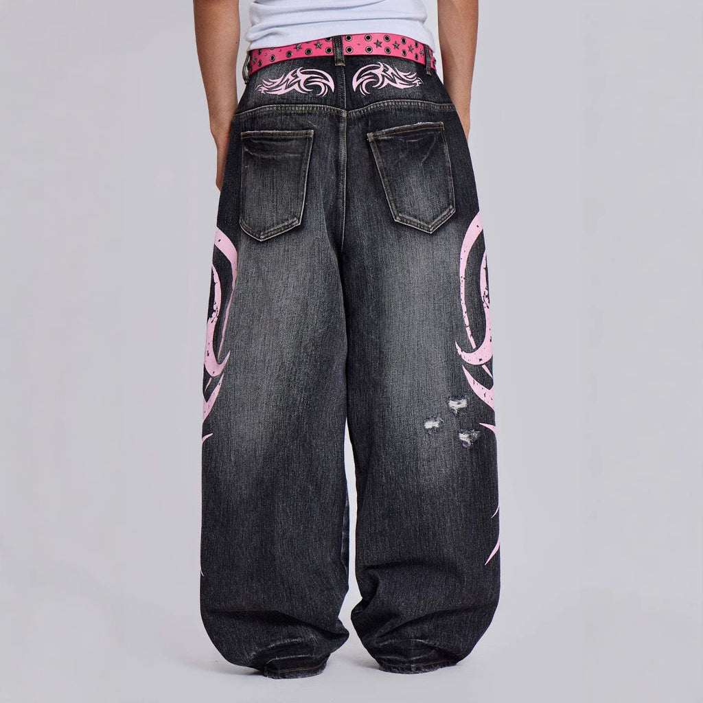 Y2K Hip-Hop Style Washed, Distressed, and Printed Jeans