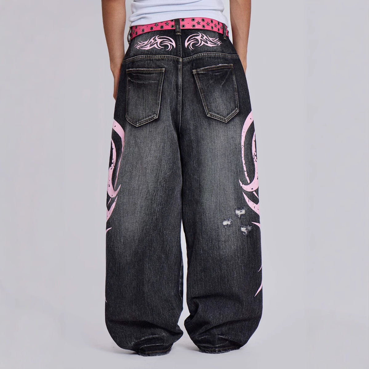 Y2K Hip-Hop Style Washed, Distressed, and Printed Jeans