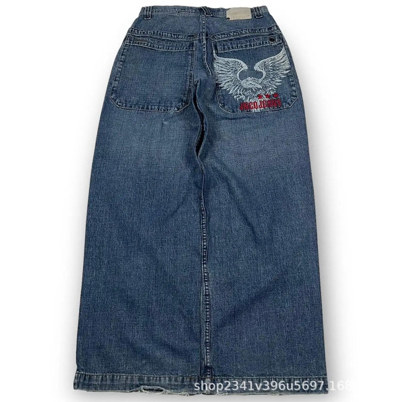 Vintage-Wash Denim Jeans with Y2K Hip-Hop Embroidery