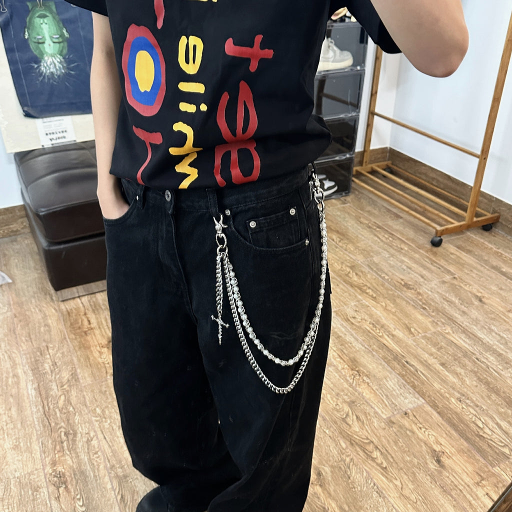 Silver Layered Wallet Chain Pearl Cross Pendant Men