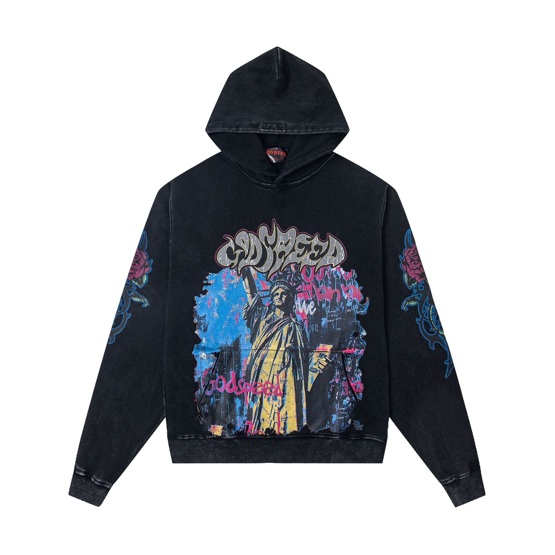 Vintage-Washed Pure Cotton Hip-Hop/Streetwear Hoodie with Print