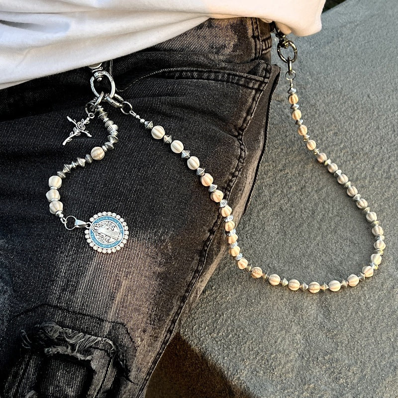 Saint Benedict Rosary Wallet Chain Pearl Bead Silver