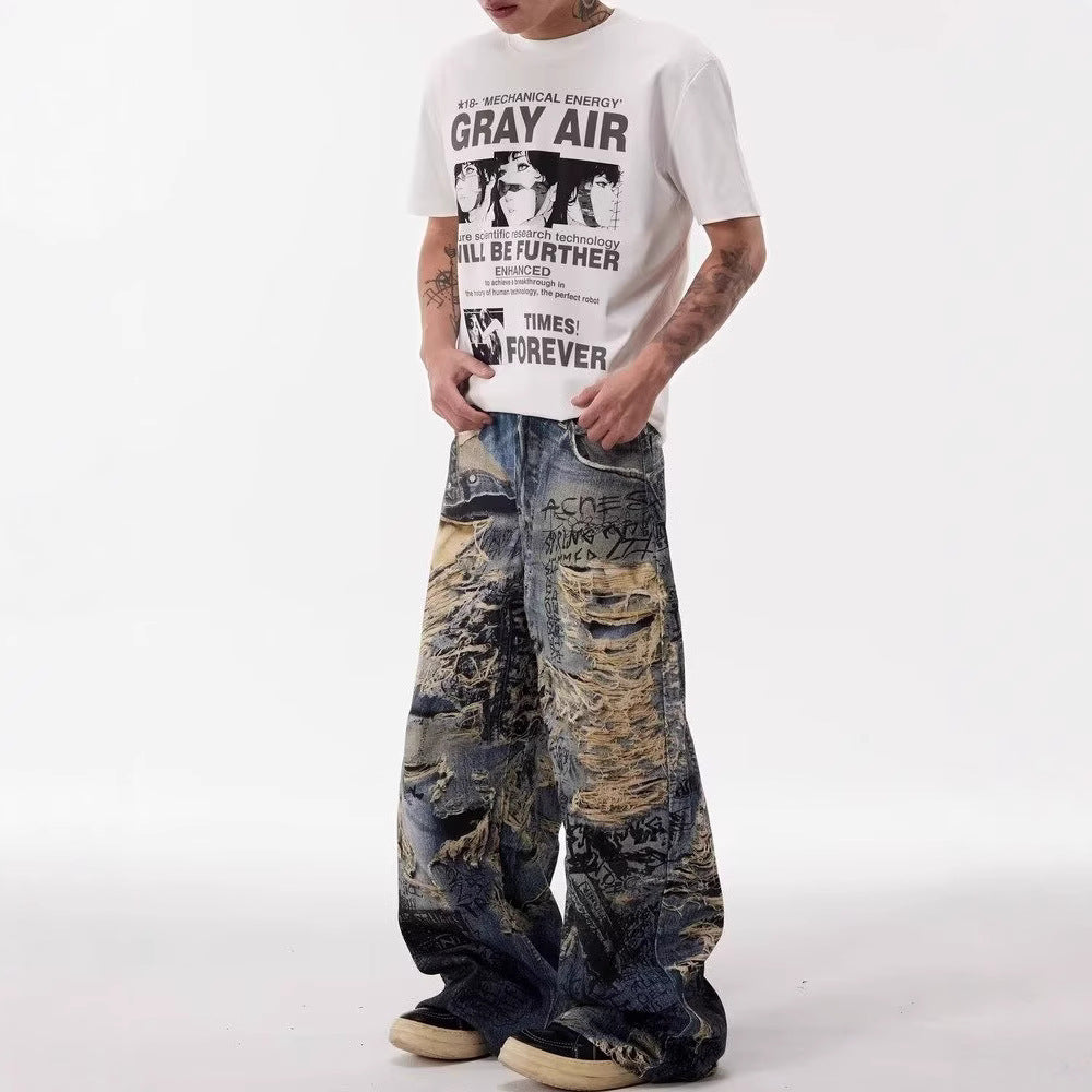 Y2K Graffiti-destructive 3D digital distressed jeans for men