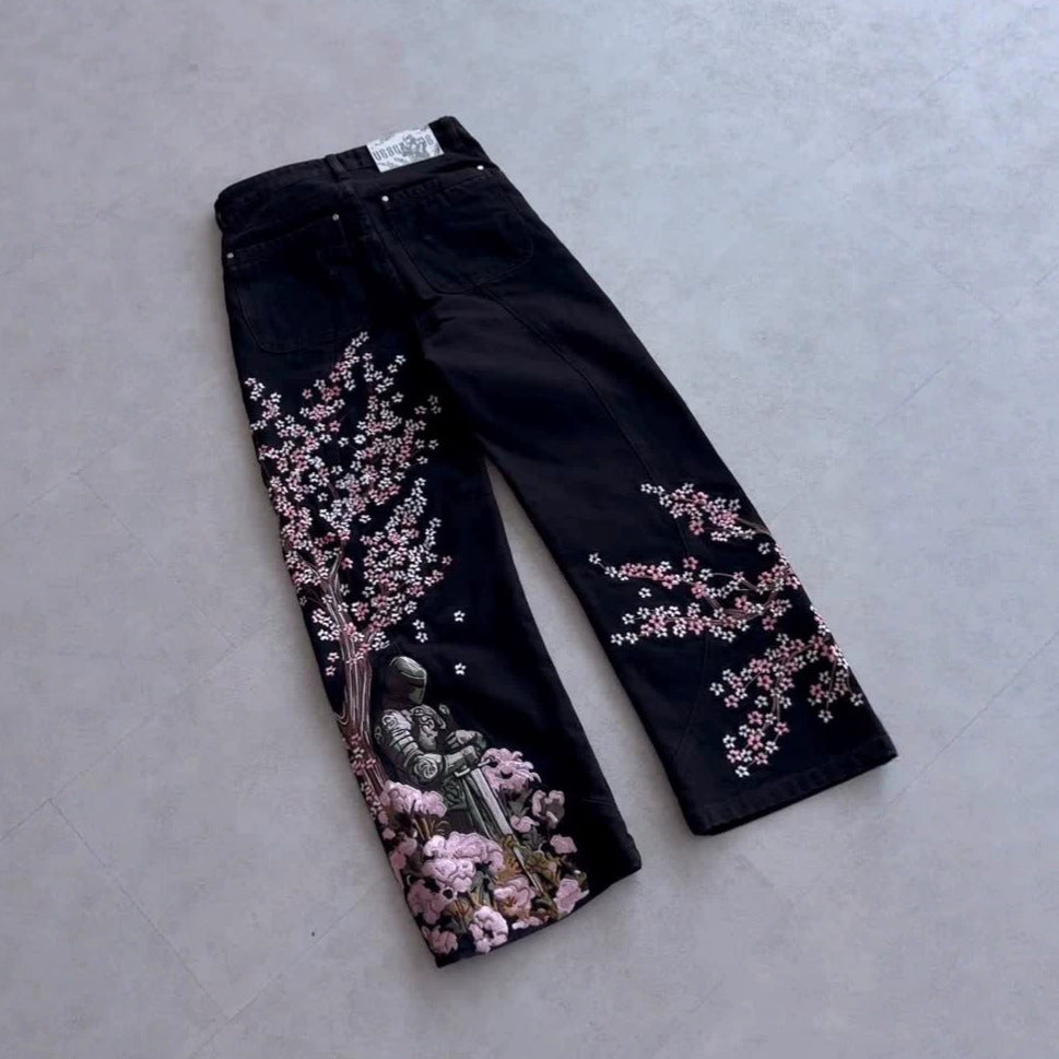 Vintage-Style Wide-Leg Jeans with Intricate Embroidery
