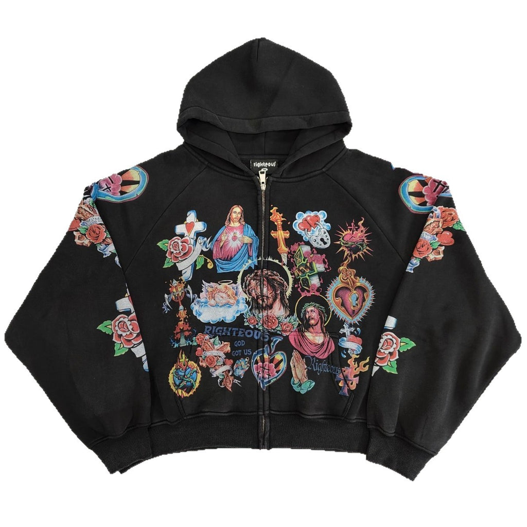 Jesus Sacred Heart Rose Print Cropped Zip‑Up Hoodie Y2K Vintage Streetwear