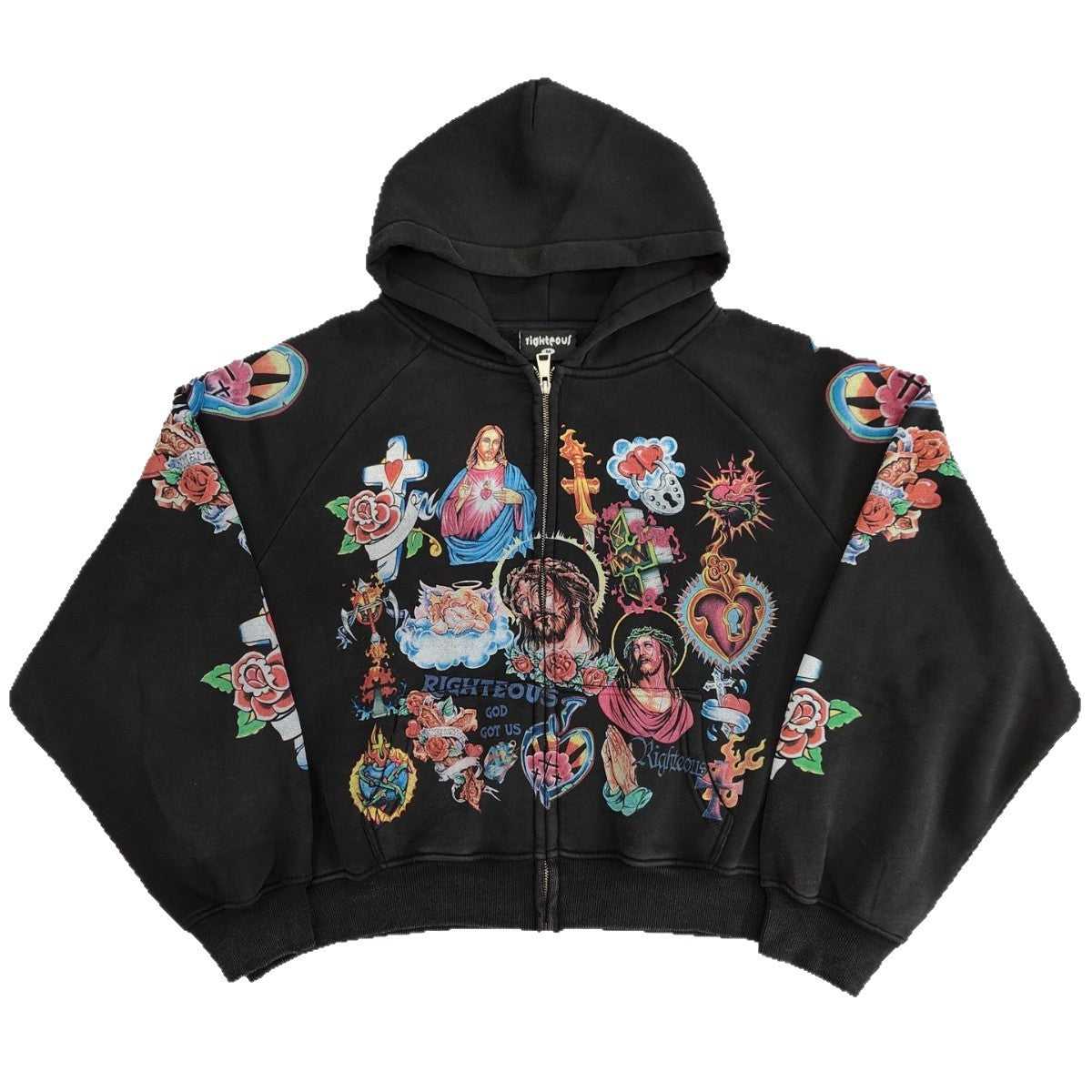 Jesus Sacred Heart Rose Print Cropped Zip‑Up Hoodie Y2K Vintage Streetwear