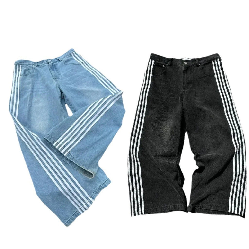 Y2K American retro style street style striped wide-leg loose jeans.