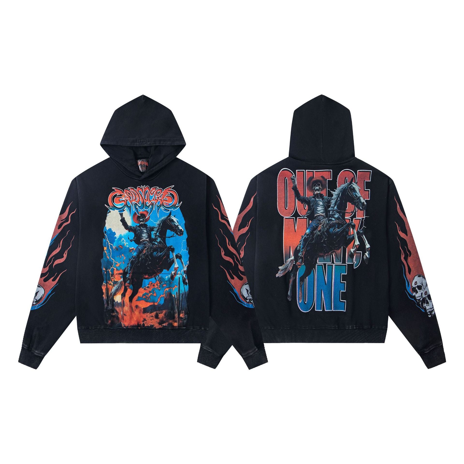 Vintage-Washed Pure Cotton Hip-Hop/Streetwear Hoodie with Print