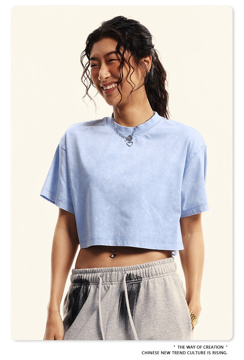 Yaviora Round Neck Crop Top Sexy Loose Short-Sleeve T-Shirt