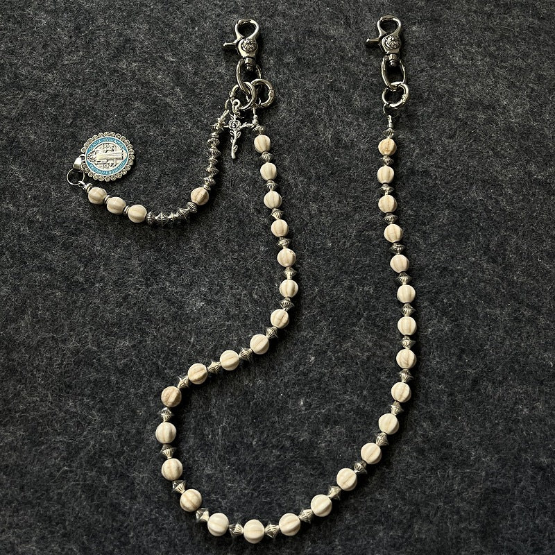 Saint Benedict Rosary Wallet Chain Pearl Bead Silver
