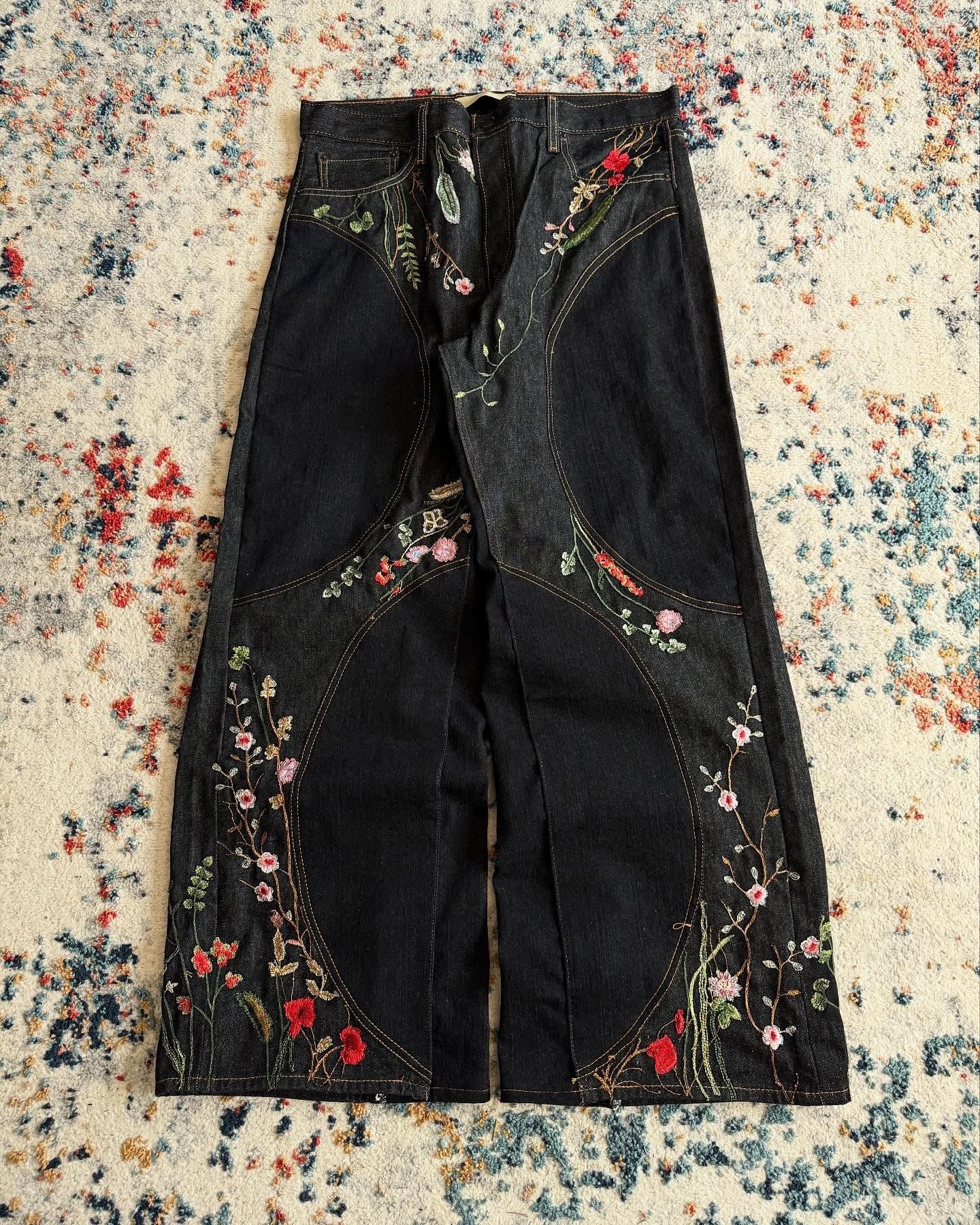Y2K loose-fit wide-leg patchwork trousers with floral embroidery