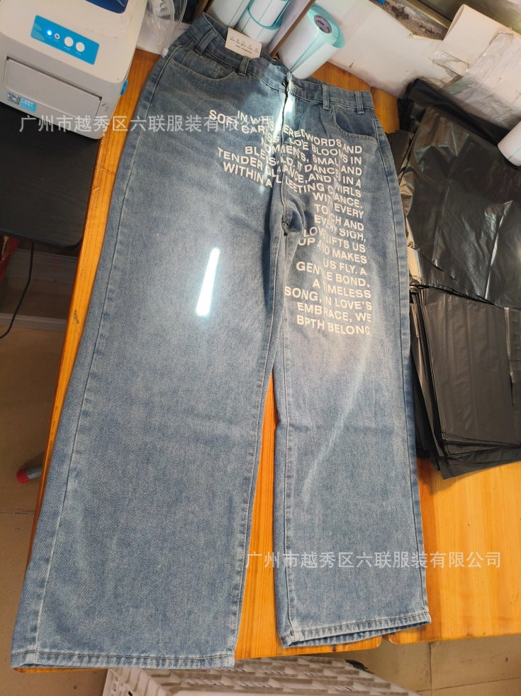 Y2K Men's Hip-Hop Jeans with American-Style Graphic Lettering