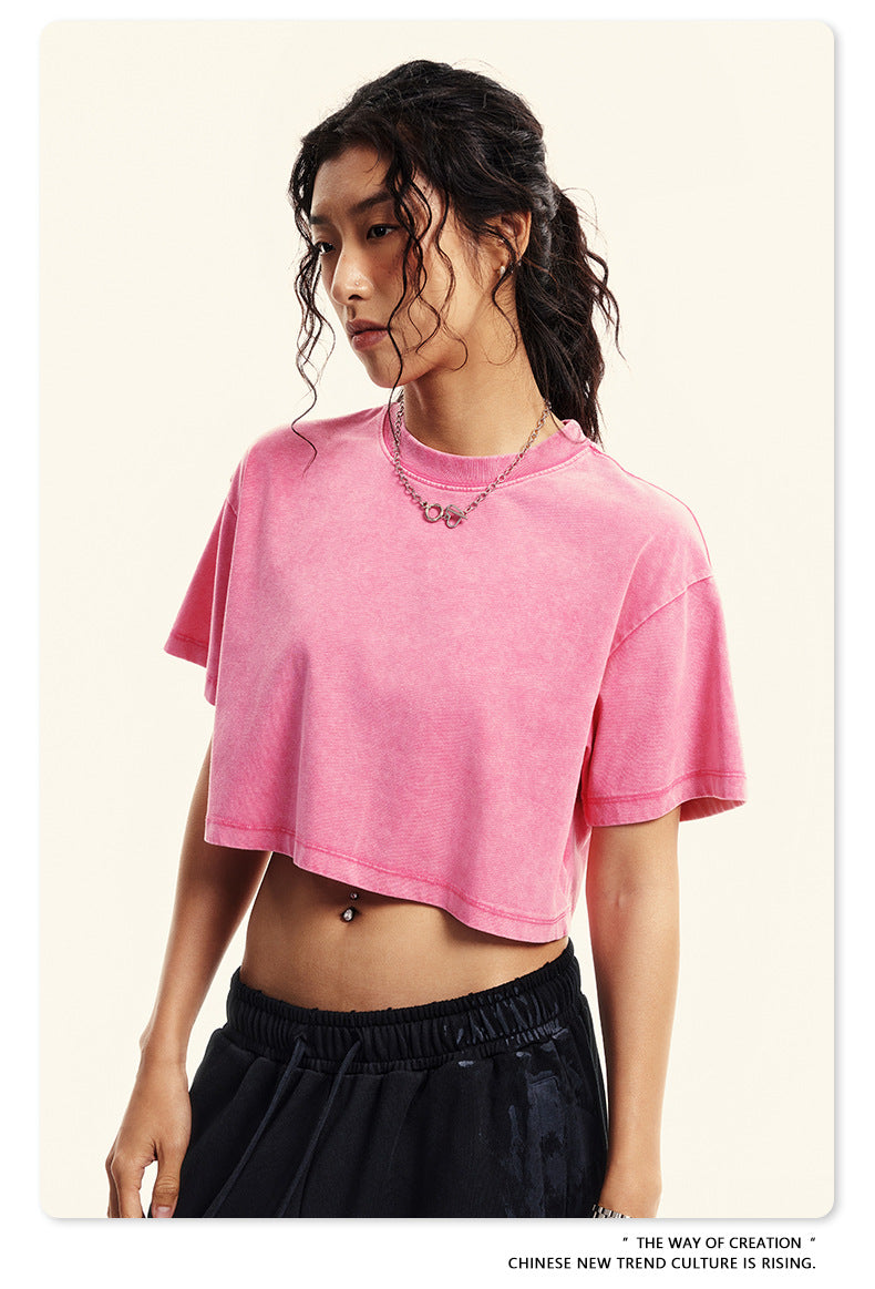Yaviora Round Neck Crop Top Sexy Loose Short-Sleeve T-Shirt