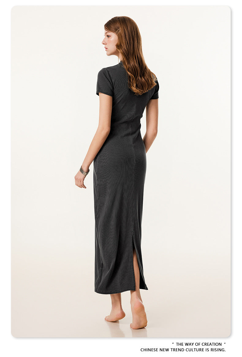 Yaviora Short-Sleeve Long Dress Slim Fit Bodycon Slit Skirt