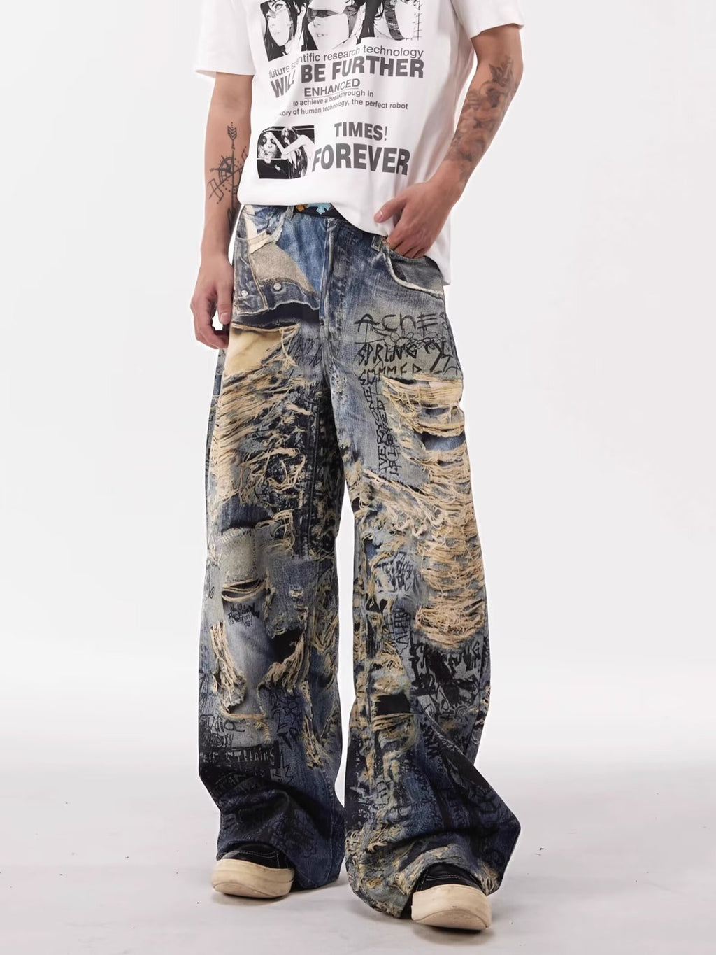 Y2K Graffiti-destructive 3D digital distressed jeans for men